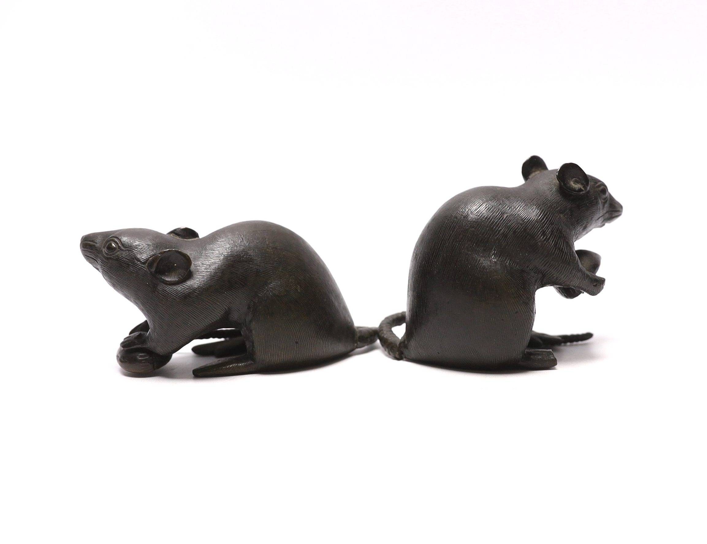 Two Japanese Meiji period cast bronze models of mice, signed, tallest 6.5cm